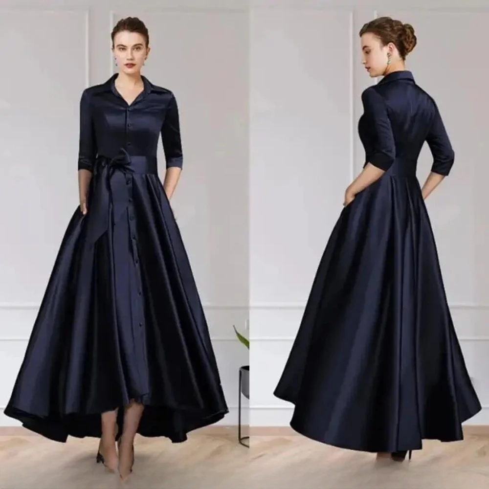 Formal Dress Women Charming Dark Navy Mother of The Bride Dresses Elegant V-Neck A-line Bow Belt Wedding Party Robes Sleeves