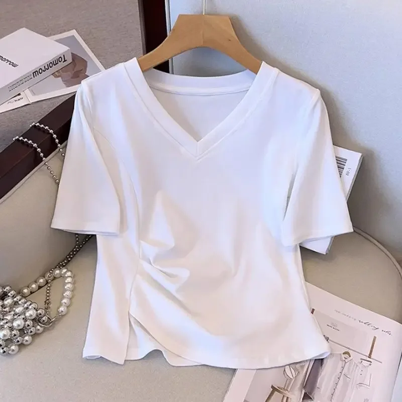 

American Style European and American Style Solid Color Designfront Shoulder V-neck Short Sleeved T-shirtwomenversatile Short Top