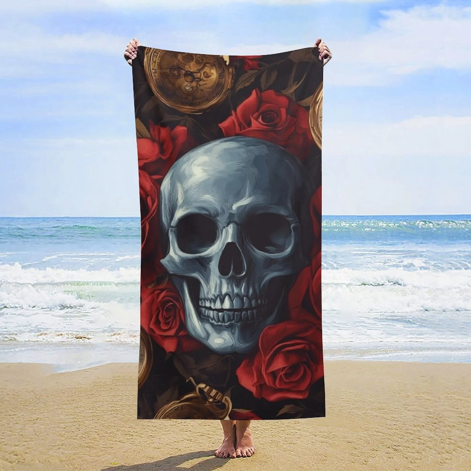 Skull And Roses with Clocks Themed Beach Towel Large Towel, Super Absorbent, Quick-Dry, Lightweight Sport Towel Bath Towel
