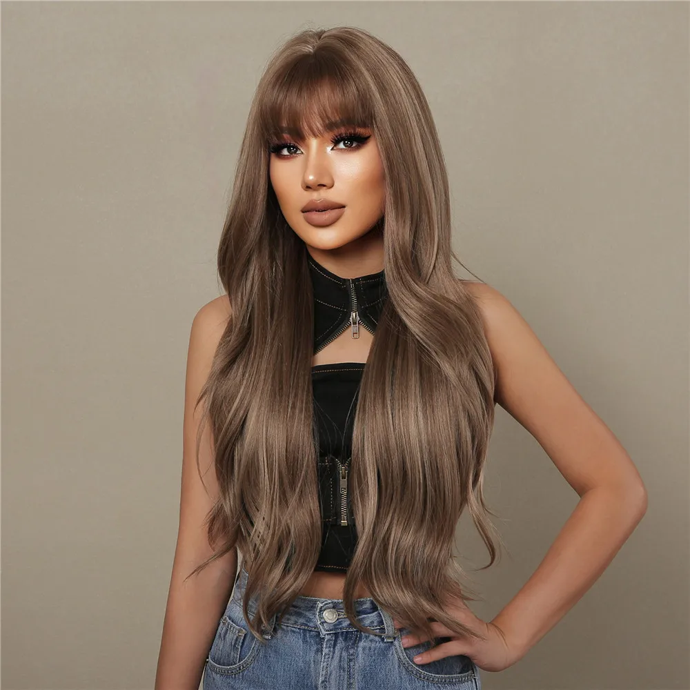 EASIHAIR Brown Ombre Long Wavy Synthetic Wigs with Highlight Natural Wig for Women Daily Cosplay Wigs with Bangs Heat Resistant