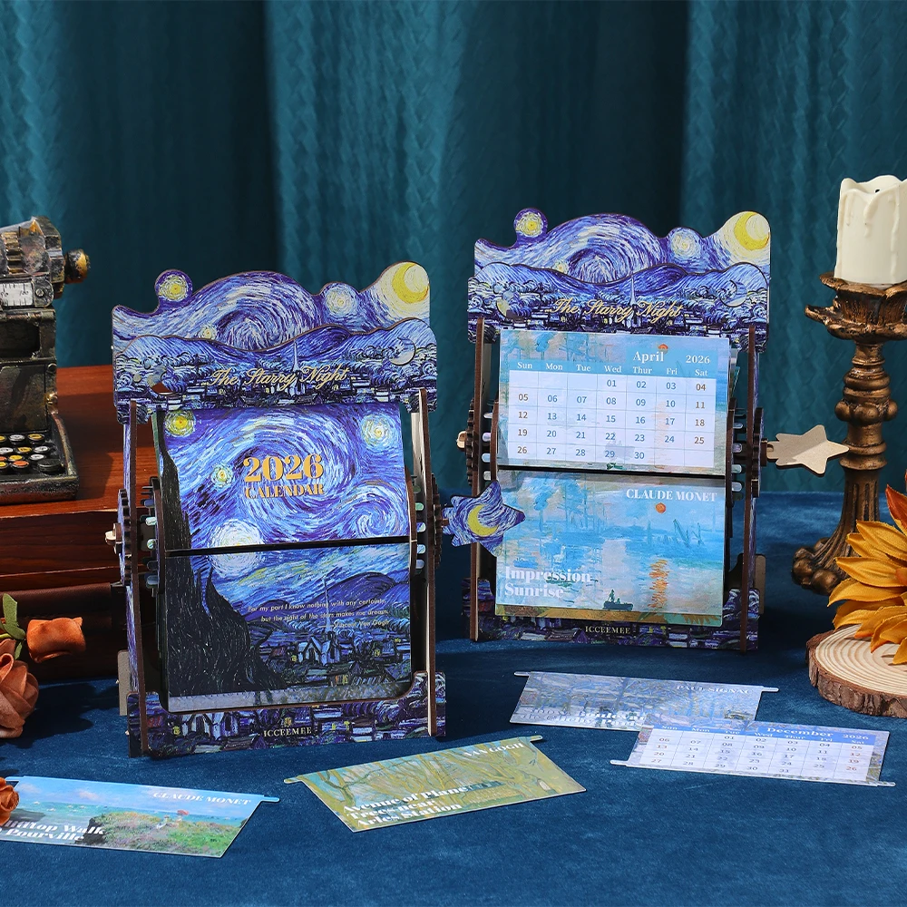 

2026 Ван Гог 3D деревянный настольный календарь DIY живопись головоломка для студентов креативный проект для декора офисного стола подарок на день рождения