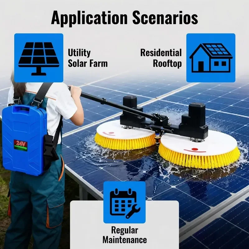 Cordless Solar Panel Cleaning Brush with Double Head Rotary Design for Photovoltaic Modules Efficient Dust Removal Tool for