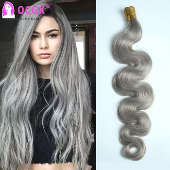 Grey Wavy I Tip Hair Extensions Human Hair Silver Pre Bonded Natural Hair I Tips Microlink Hair Extensions 12-26Inch 100Strands