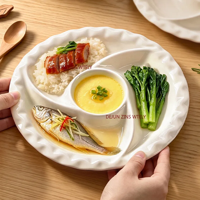 10/12 Inch White Ceramic Windmill Split Serving Dinner Plate Compartment Ceramic Plate Fitness Weight Loss Meal Salad Plate