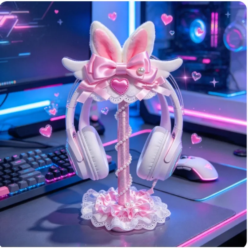 Customized Pink Rabbit Ear Headphone Stand Cute and Shiny Headphone Display Stand for Girls' Gaming Table Decoration Gifts