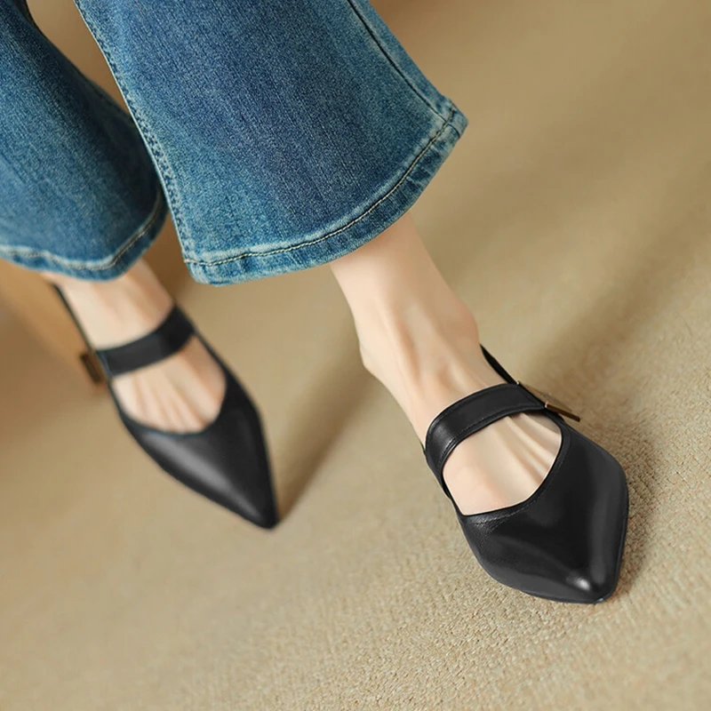 NEW Spring/Autumn Women Pumps Genuine Leather Shoes for Women Pointed Toe Low Heel Shoes Metal Buckle Mary Janes Handmade Shoes