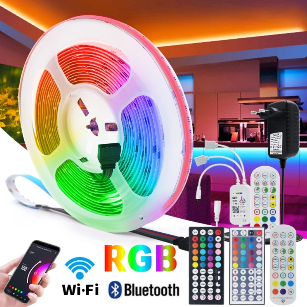 Tira de luces LED COB RGB de 10M, 12V, 24V, Flexible, lineal FOB de 10MM con WIFI remoto, Bluetooth, barra de lámpara de cinta LED regulable RA90