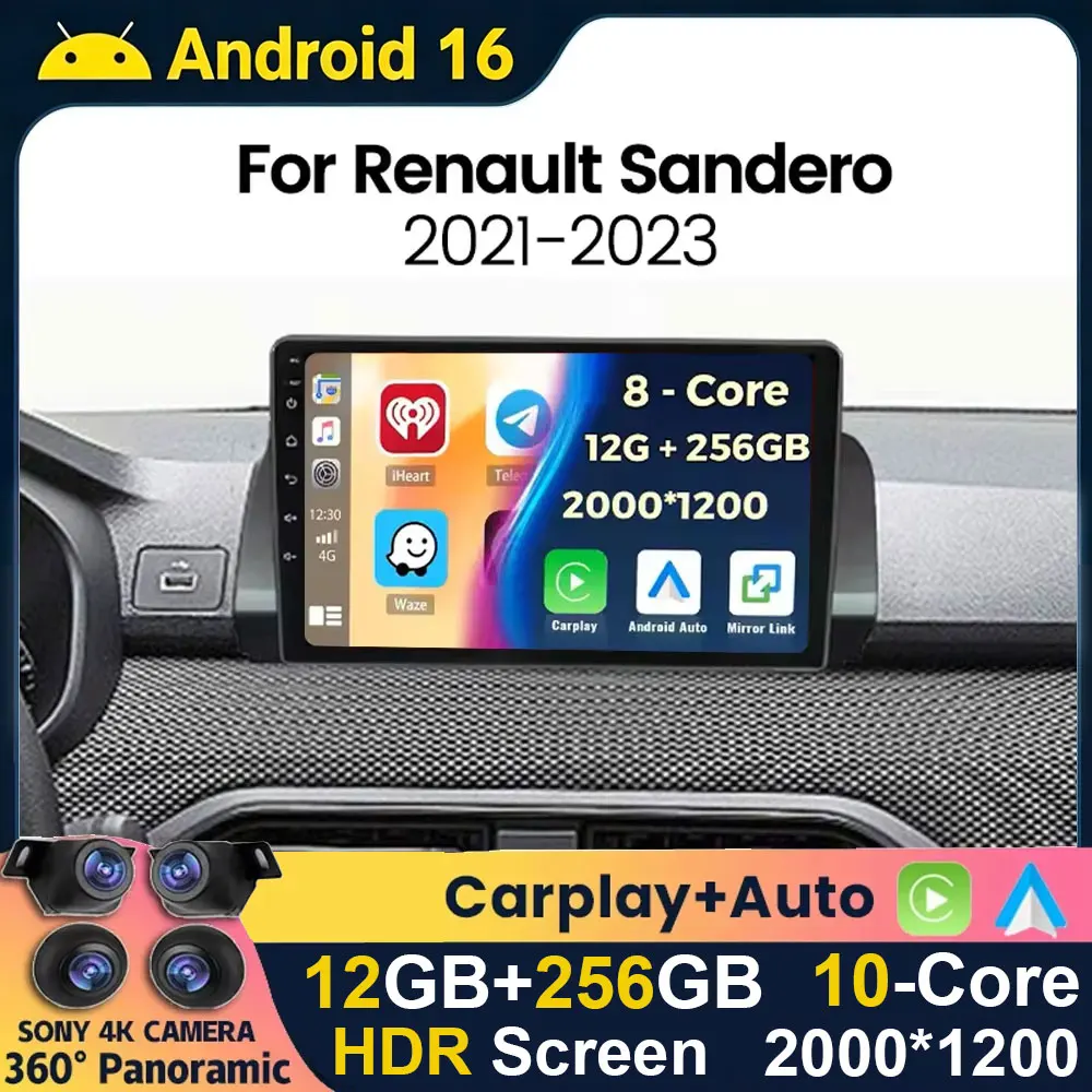 Android 16 Car Radio For Renault Sandero 2021-2023 Carplay Auto WIFI+4G Multimedia GPS Video Player Stereo 2din Head Unit QLED