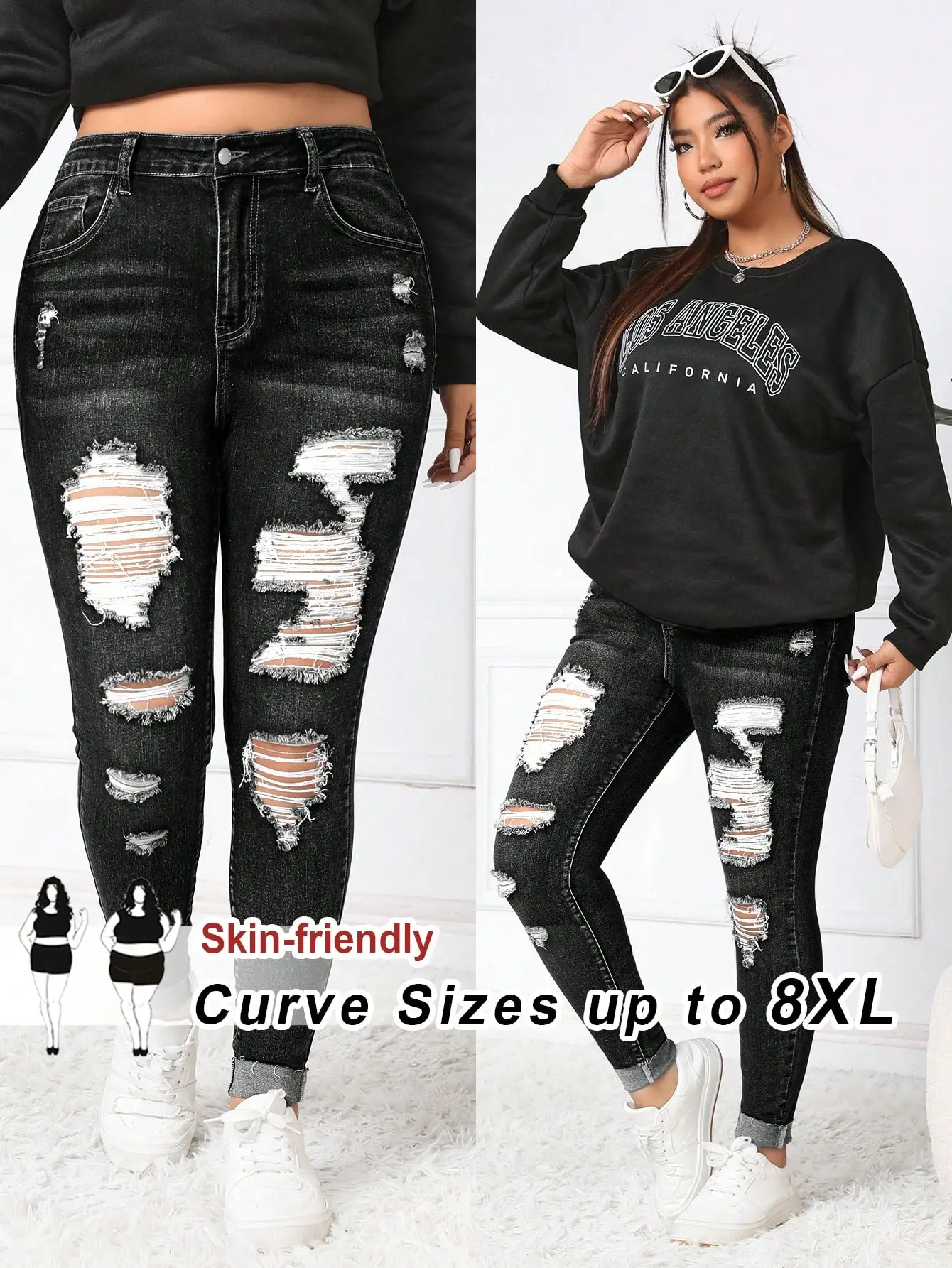 

Джинсы скинни больших размеров с рваными элементами и отворотами, черные, из выстиранного денима, для повседневной городской носки