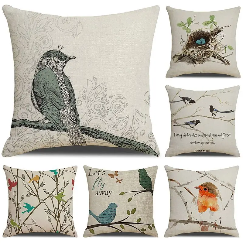 

Vintage Bird Linen Pillowcase Kawaii Animal Throw Pillow Cover Pillows Case for Living Room Bedroom Sofa Chair Pillow Case 45x45