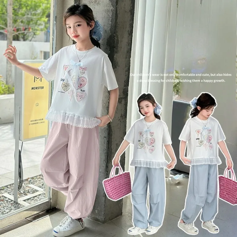 

Girls Summer Clothing Set Fashion Children Lace Trim Short-Sleeve Top + Loose Wide-Leg Pants Two-piece Set 2025 New