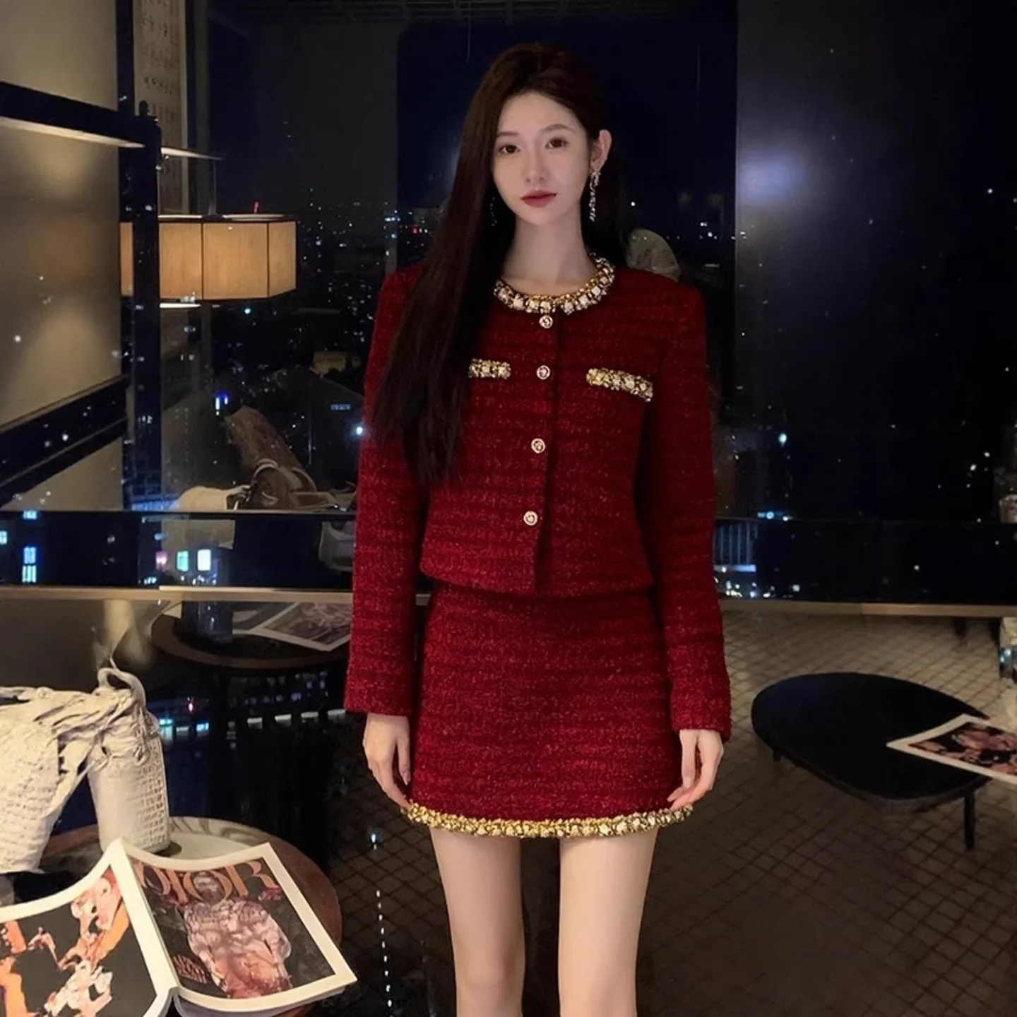 2026 High-end, exquisite, elegant lady, rich heiress, little princess red dress set for winter style