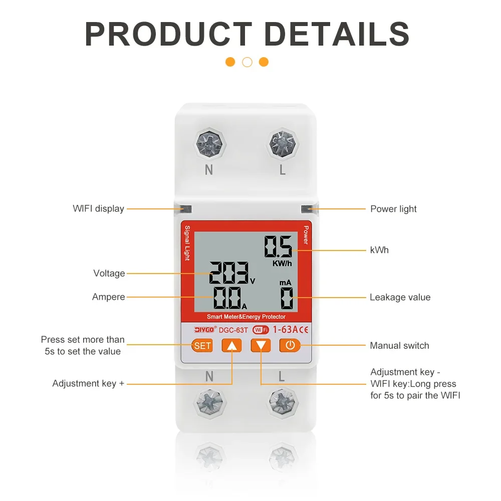 DIYGO Tuya WiFi Smart Leitungsschutzschalter 63A Energiemesser mit Spannungs-, Strom- und Leckageschutz, Timer-Relais-Schalter, Fernsteuerung – Detail 18
