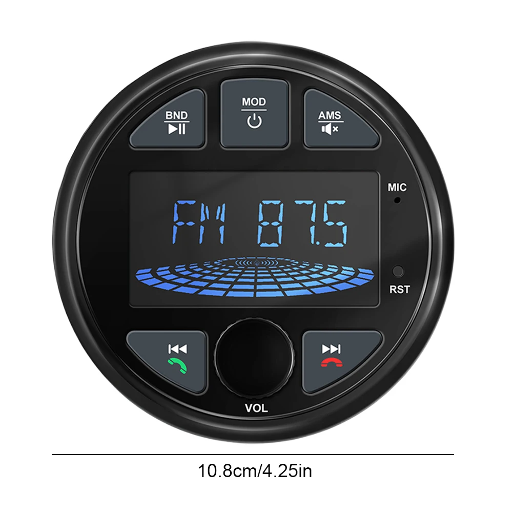 Marine Stereo Boat Radio with LCD Screen Round MP3 Player IPX6 Waterproof BT Digital Media Radio for Yacht ATV UTV RV Golf Cart