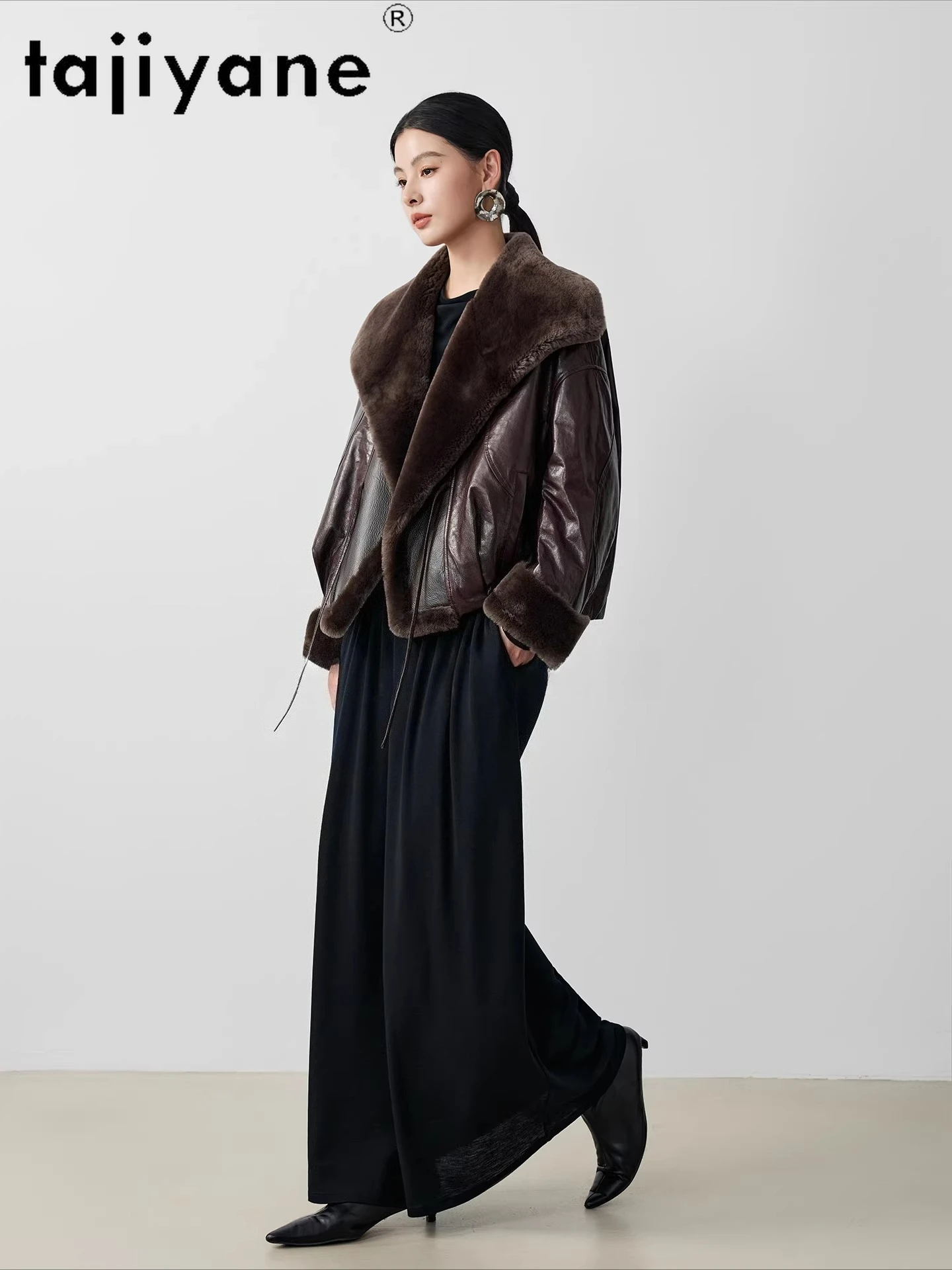 TAJIYANE 天然羊皮グースダウンコート レディース ショート丈 本革 パファージャケット ウールカラー付き 2025年冬服 дубленка