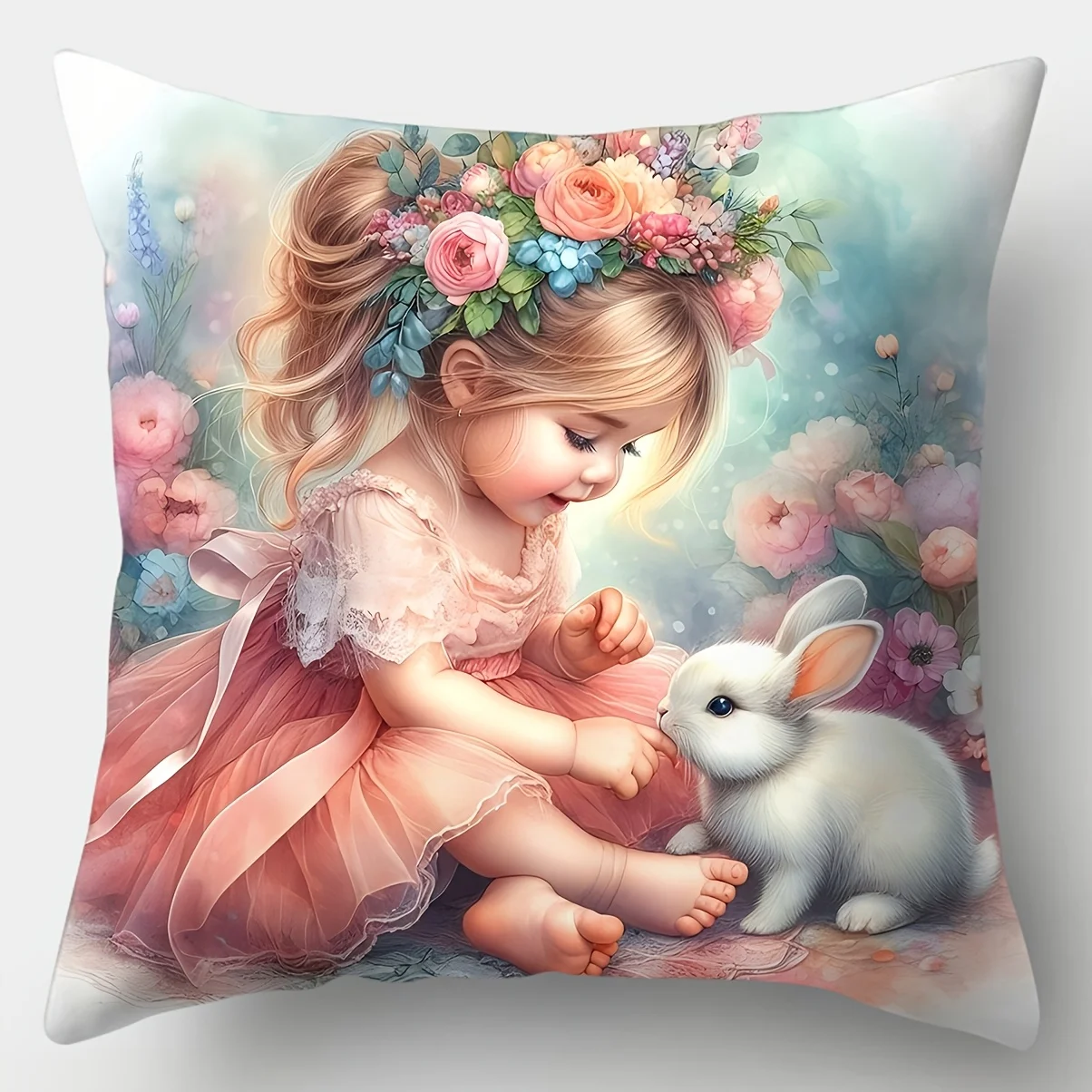 4Pcs Cute Country Theme Pillow Covers - Featuring Pets, Flowers, Birds & Rabbits, Zipper Closure, Polyester Material