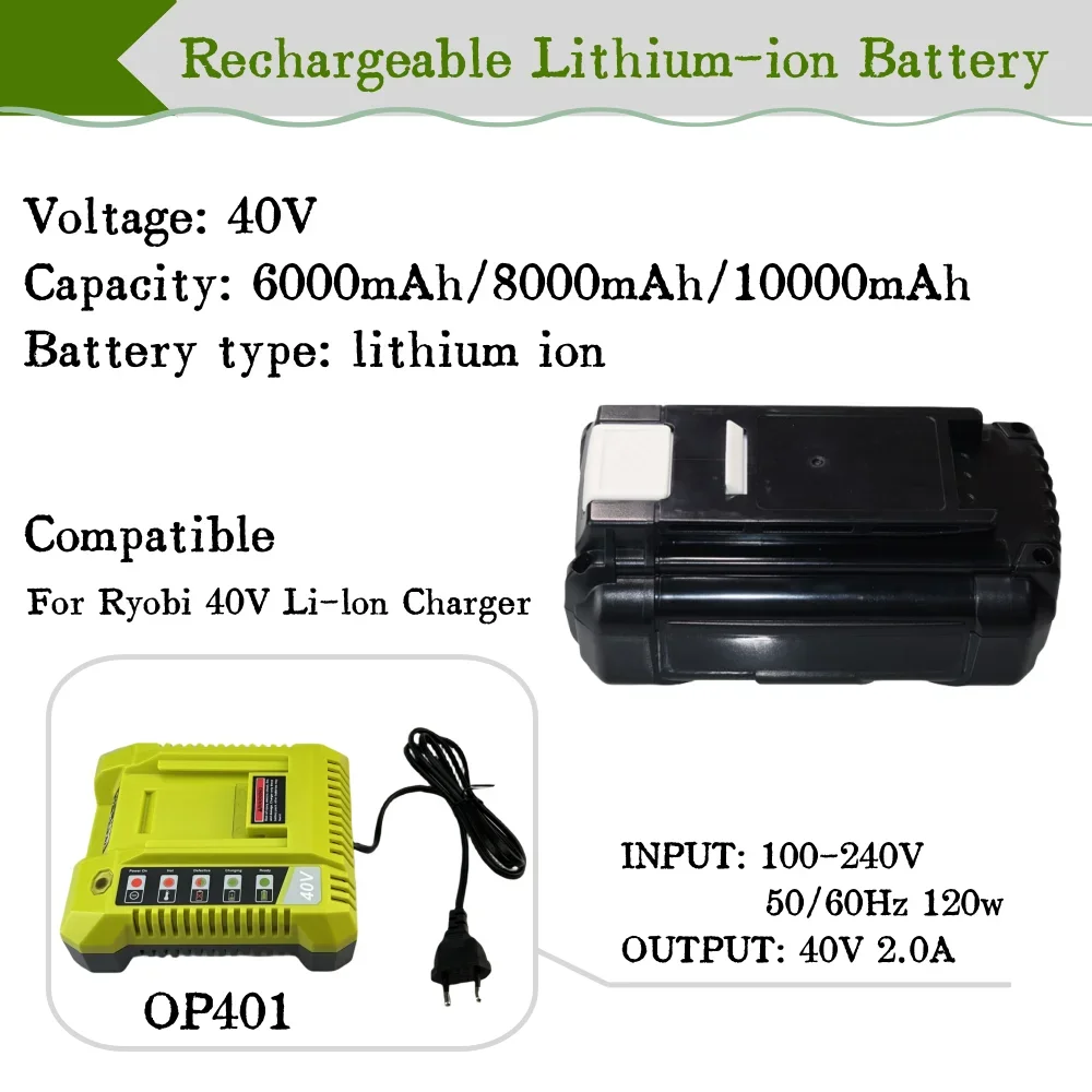 40V 6.0Ah /8.0Ah/10.0Ah Rechargeable Li-Ion Battery For Ryobi OP4030 OP4050 RY40502 RY40200 Cordless Power Tools，With Charger