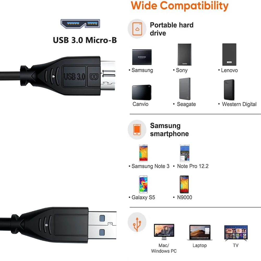 USB 3.0 Micro-B Hard Drive Cable Short USB 3.0 Type A to Micro-B USB 3.0 Sync data Cable USB 3.0 Hard Drive Cable for Seagate,WD