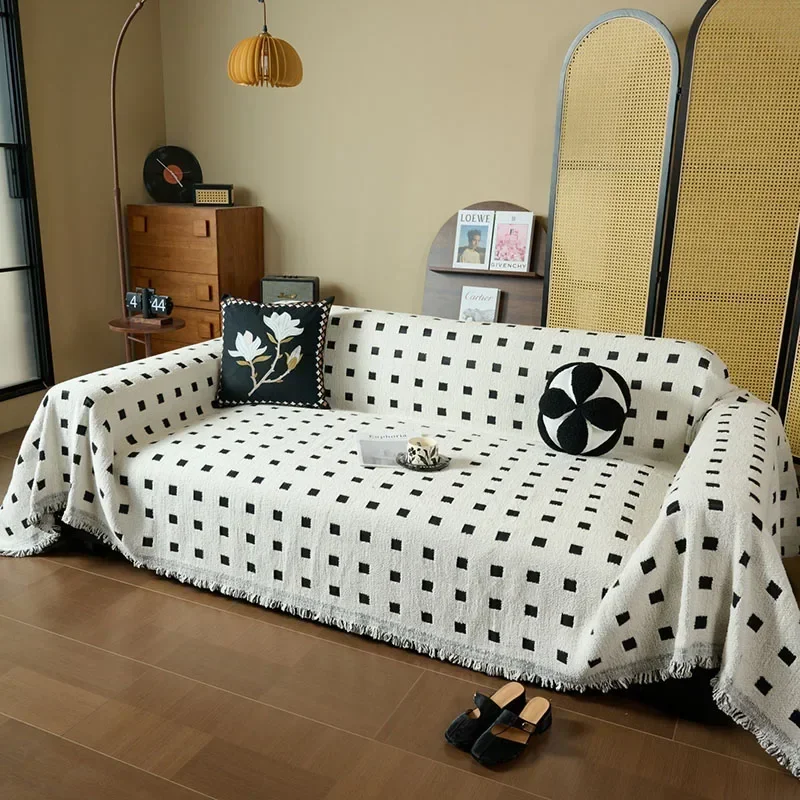 Checkered Jacquard Chenille Sofa Cover Nordic Simple Velvet Sofa Blanket for All Seasons Anti Slip Wear-Resistant Home Textile