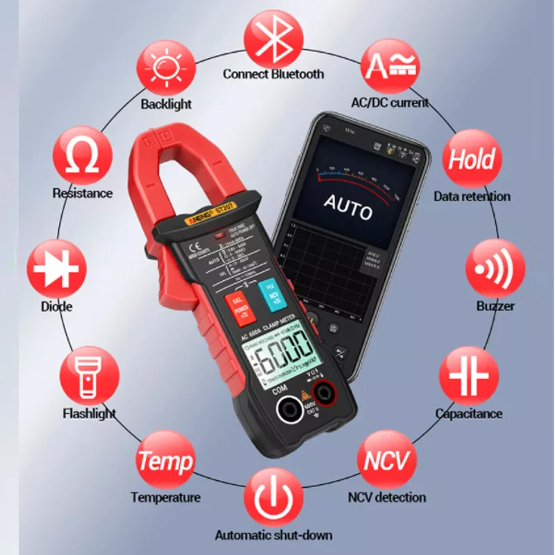 ST207 Digital Bluetooth Smart Multimeter Clamp Meter 6000 Count True RMS DC/AC Voltage Tester AC Current Hz Capacitance Ohm TEST