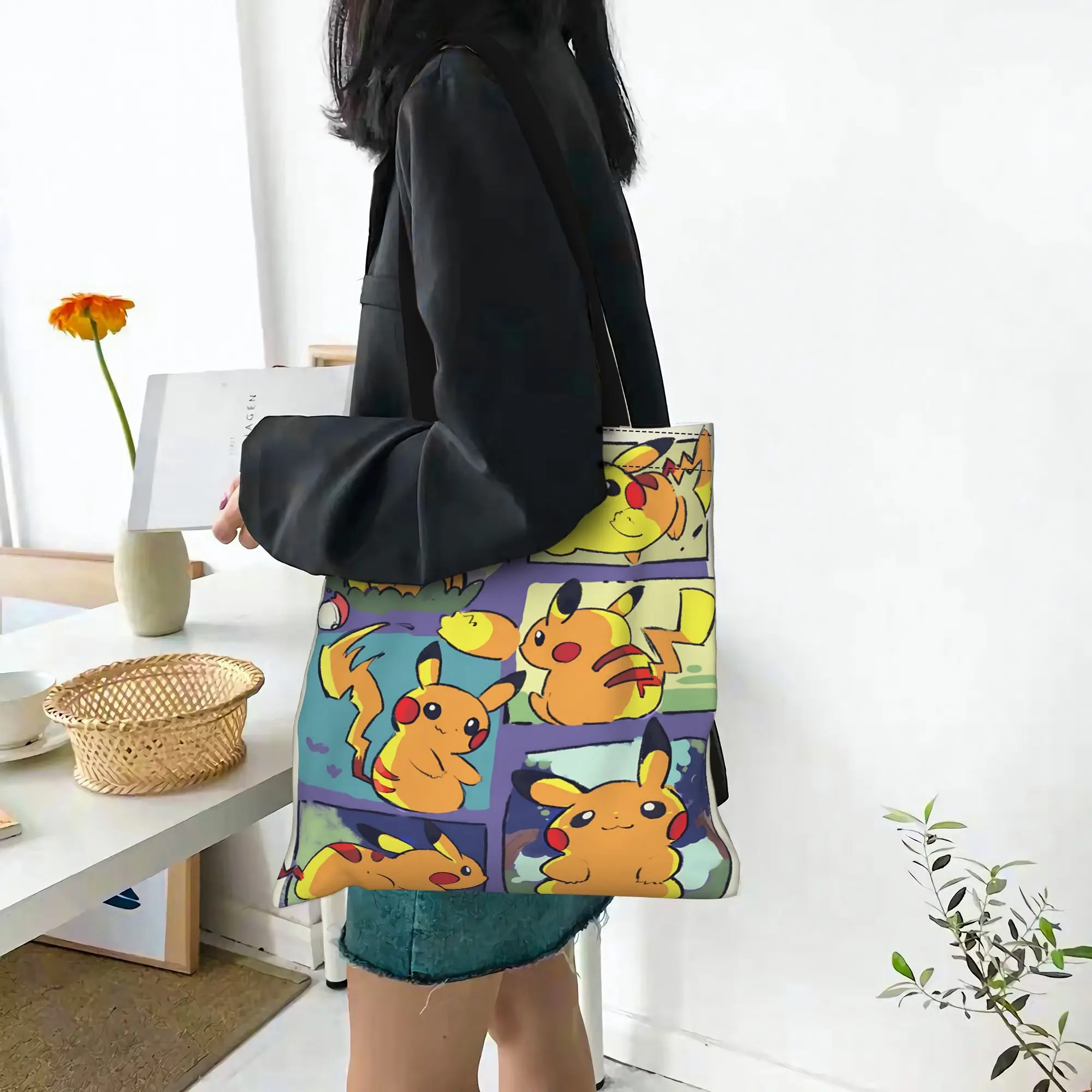 Customized Cartoon Pokemon Theme Women's Bag Shopping Bag Reusable Double Sided Canvas Tote Bag Shoulder Pikachu Meme Handbag