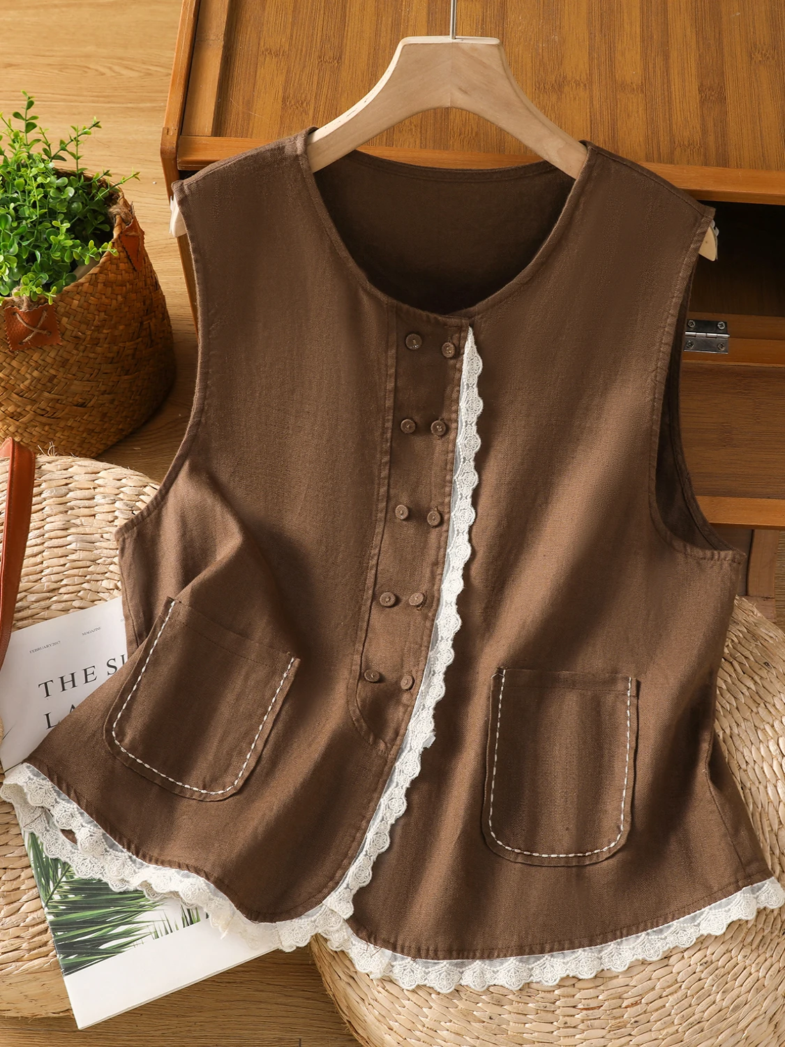 

Fre Japanese Sle Linen Women's Svel Top 2025 Spring Summer New Sle Splicing Embroidery Open Cardigan Vest