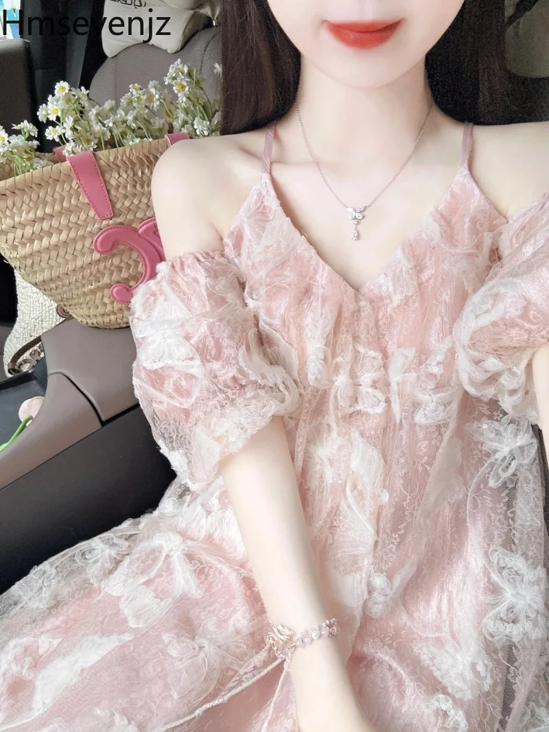 

Hmsevenjz Butterfly Print Strap Dress Women's Summer Pink Off Shoulder Loose Fairy Style Long Dress Fashion Female Clothes