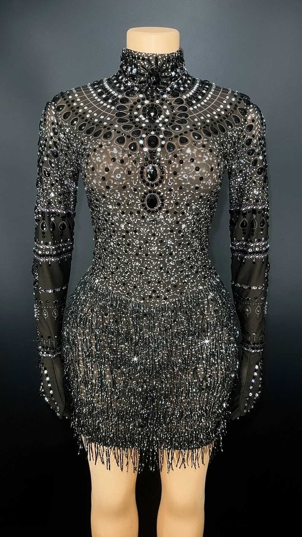 반짝 이는 라인 석 프린지 짧은 드레스 장갑 섹시한 저녁 댄스 파티 생일 드레스 축하 공연 댄스 의상 무대 착용