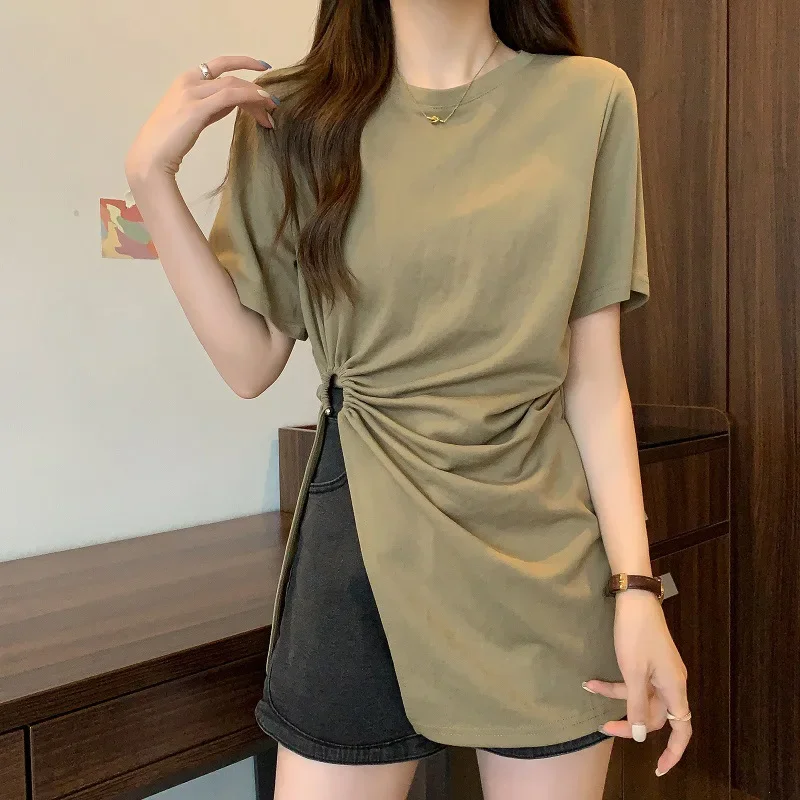 

Loose Mid-length Irregular Slit Tops Pullover Round Collar Shirt Cotton Solid Color Short-sleeved T-shirt Women Summer New Tees