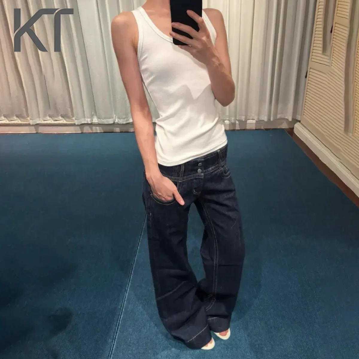 

KT 2026 Retro Women's Dark Wash Wide-Leg Jeans Double-Waistband High-Rise Design Y2K-Inspired Style Streetwear & Weekend Outfit