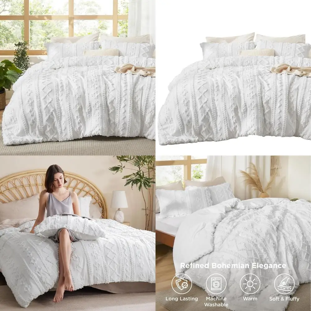 

Комплект одеял в стиле бохо размера Queen — ярко-белое постельное белье в стиле шебби-шик, мягкая жаккардовая вышивка из трех предметов, идеальный подарок для женщин, все-