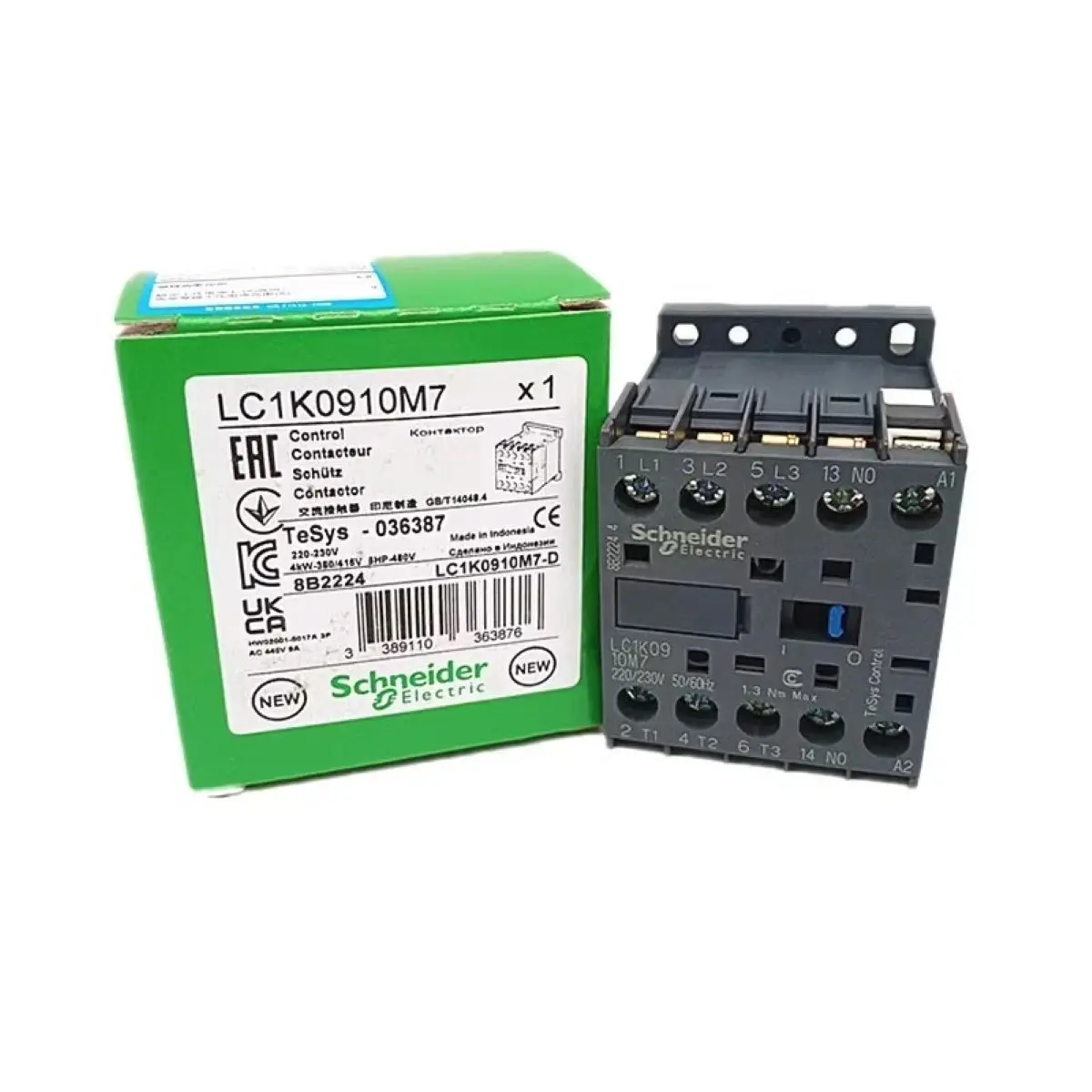 

LC1K0910M7 Contactor 3P, AC-3, lt or eq to 440V 9A, 1 NO aux., 220 to 230VAC coil