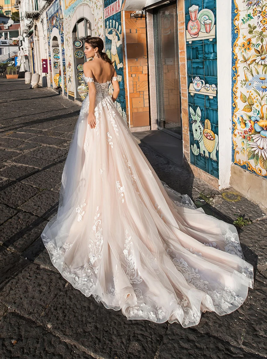 Illusion Brautkleider Tüll mit Spitze Appliques Sexy Weg Von der Schulter A-line Sommer Hochzeit Kleid vestido de noiva