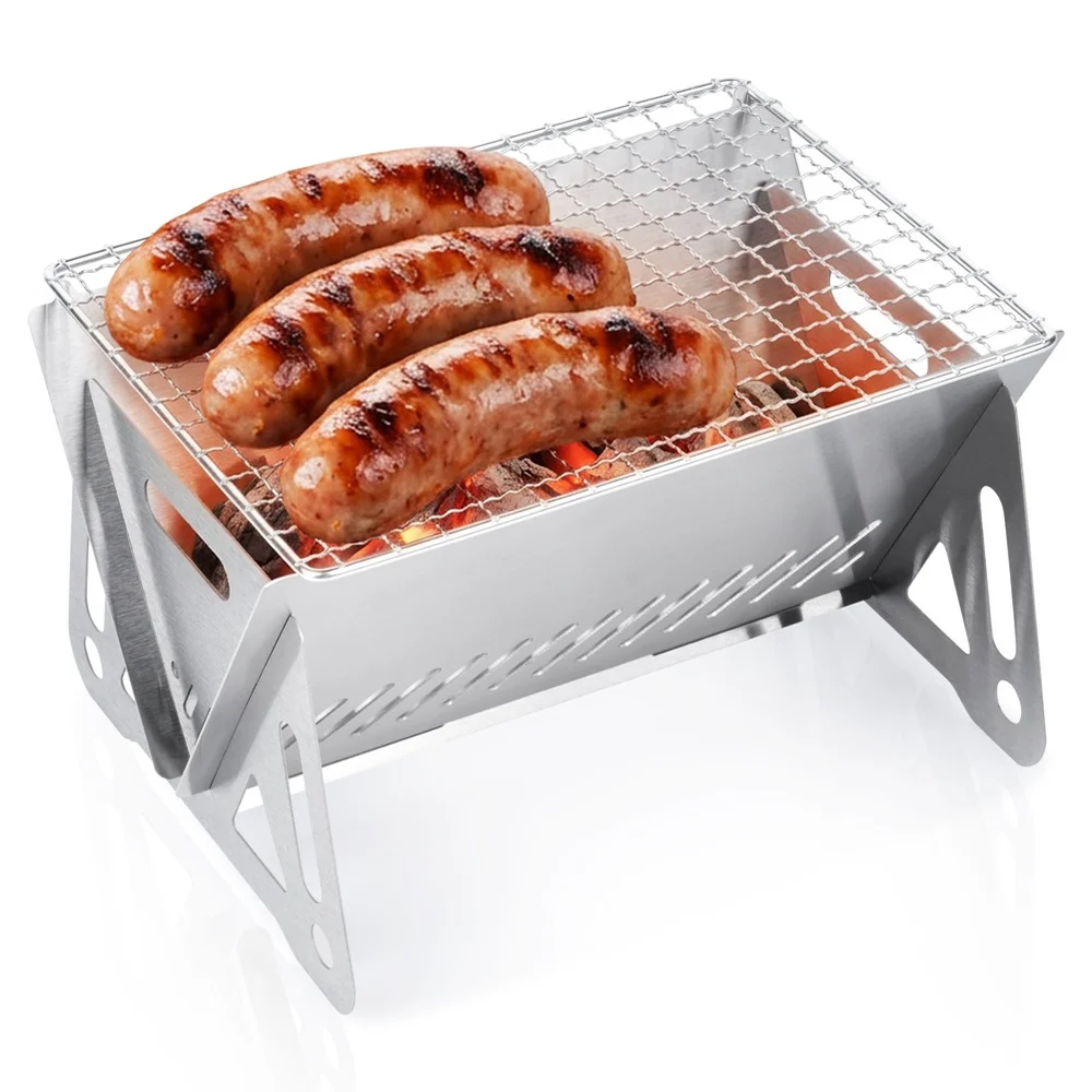 Houtskoolstalen opvouwbare grill 21x16,5x12,5 cm Kleine draagbare houtskoolgrill voor tuin, terras, balkon, camping, picknick, compacte grill, makkelijk te transporteren en op te bergen