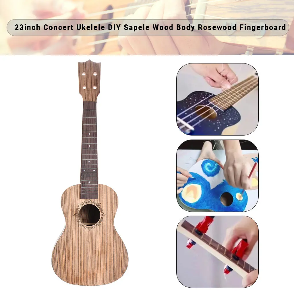 Unfinished 23\'\' 26\'\' Concert Tenor Ukelele 4 StringsHawaii Guitar DIY Kit Zebrawood Body Fingerboard Pegs Strings Bridge Nut SET