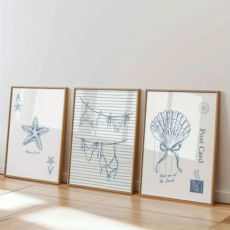 3pcs Modern Stylish Coasta Blue Seashell Swimsuit Wall Art Print Canvas Painting Poster Picture For Bedroom Home Decor