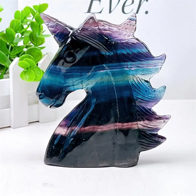 

Natural Rainbow Fluorite Unicorn Crystal Carving Animal Statue Healing Decoration Of Domestic Rooms 1pcs