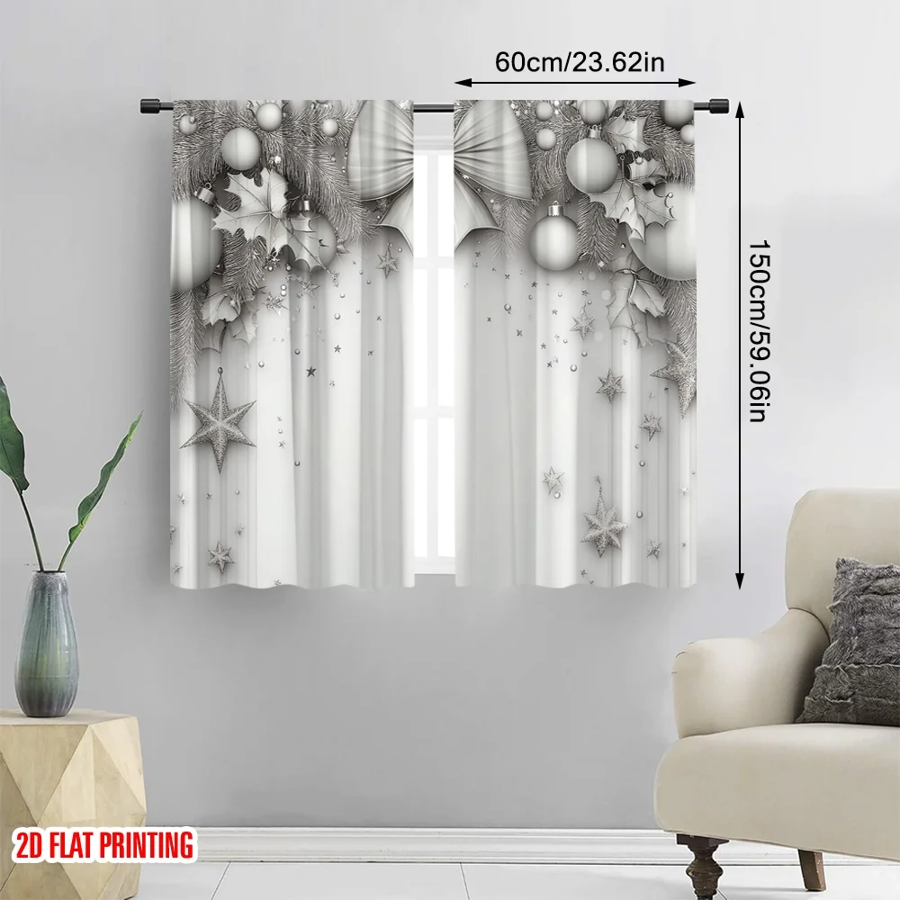 2pcs,2D plane printing Curtains Roller Blinds Christmas Bow Holly Ornament Star (2) Durable 100% Polyester Fabric (without rod)
