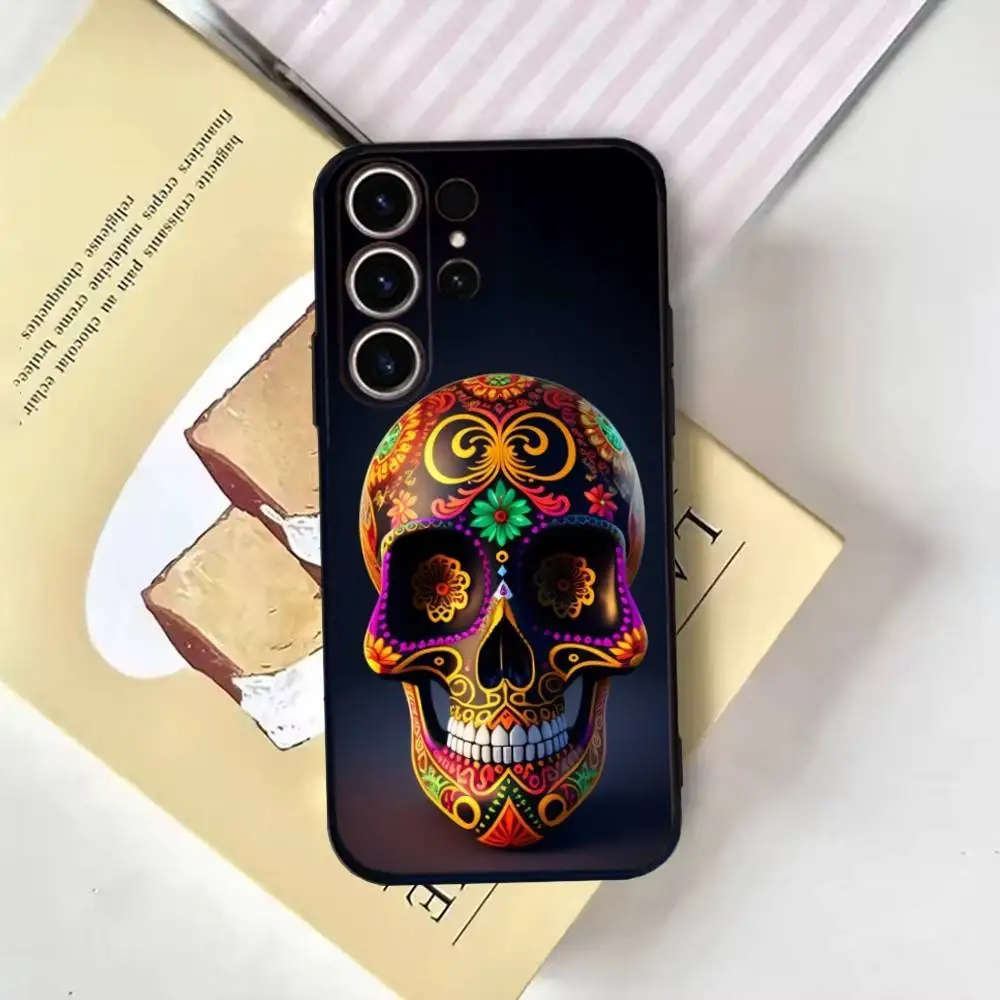 Funda de teléfono con calavera de Catrina mexicana para SamsungS25,24,21,22,23,30,Ultra,20,Plus,Fe,Lite,Note,10,9, funda negra suave