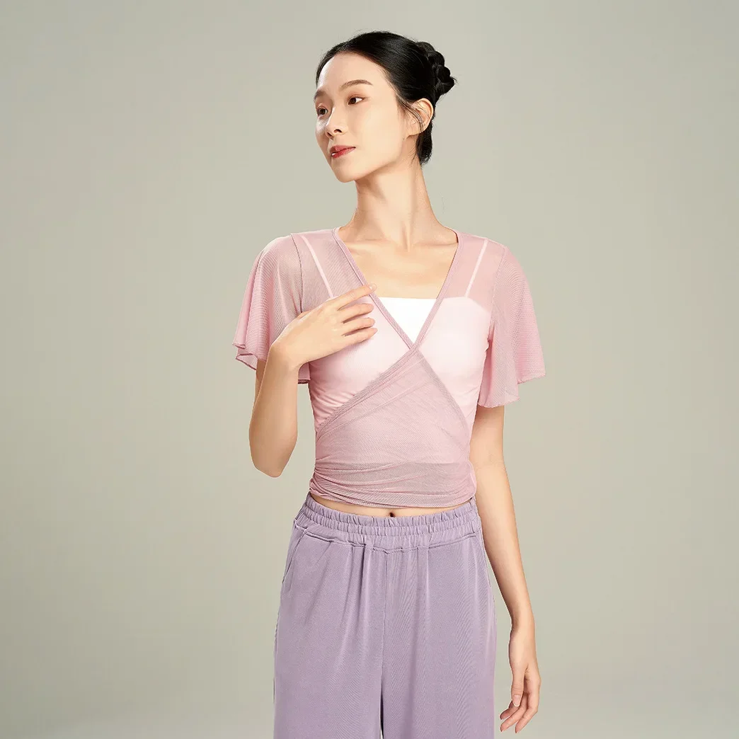 Женский танцевальный костюм, современный, лето 2023, новый тренировочный сетчатый топ с короткими рукавами для китайских классических танцев для взрослых