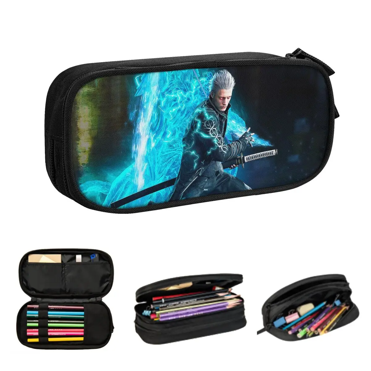 Vergil From The Devil May Cry Series Federmäppchen für Schüler, Schule, Stiftbox, Bleistiftbeutel, großes Fassungsvermögen, Federmäppchen, Stifthalter