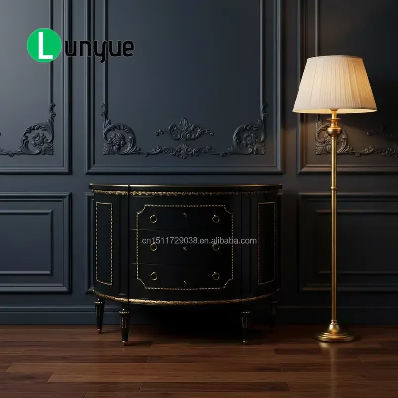 High End Neoclassical Semi Circular Cabinet Black 3 Drawer Sideboard with Gold Decoration Storage Furniture for Entryway