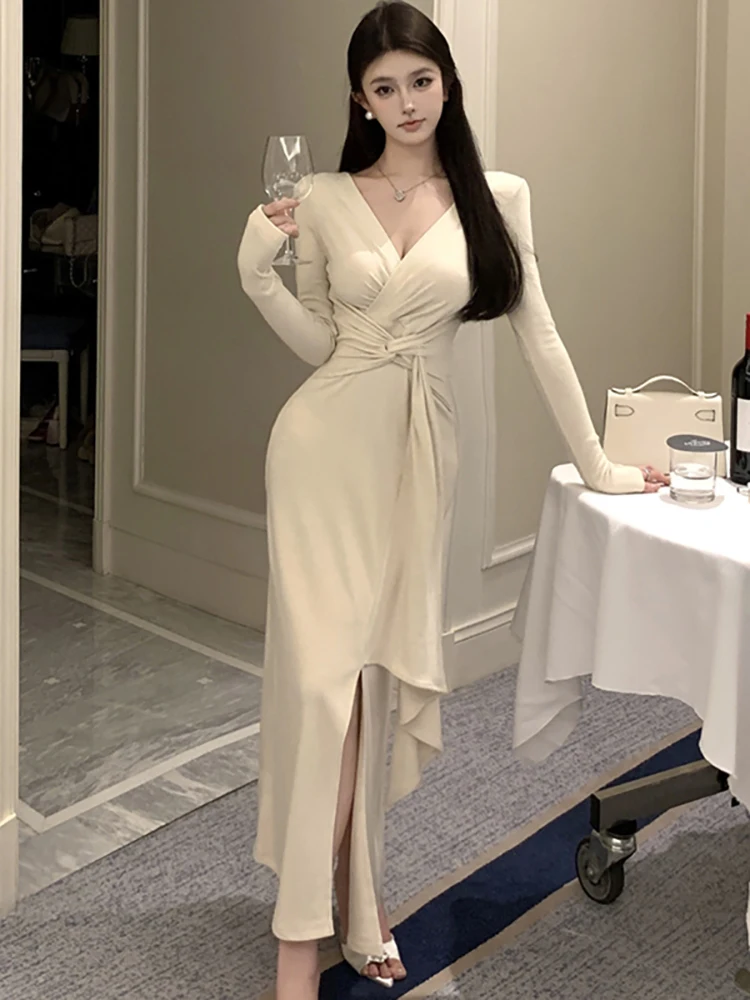 Women Pink Long Sleeve V-Neck Sexy Maxi Dress Autumn Winter Elegant Bandage Bodycon Dress 2024 Korean Fashion Party Night Dress