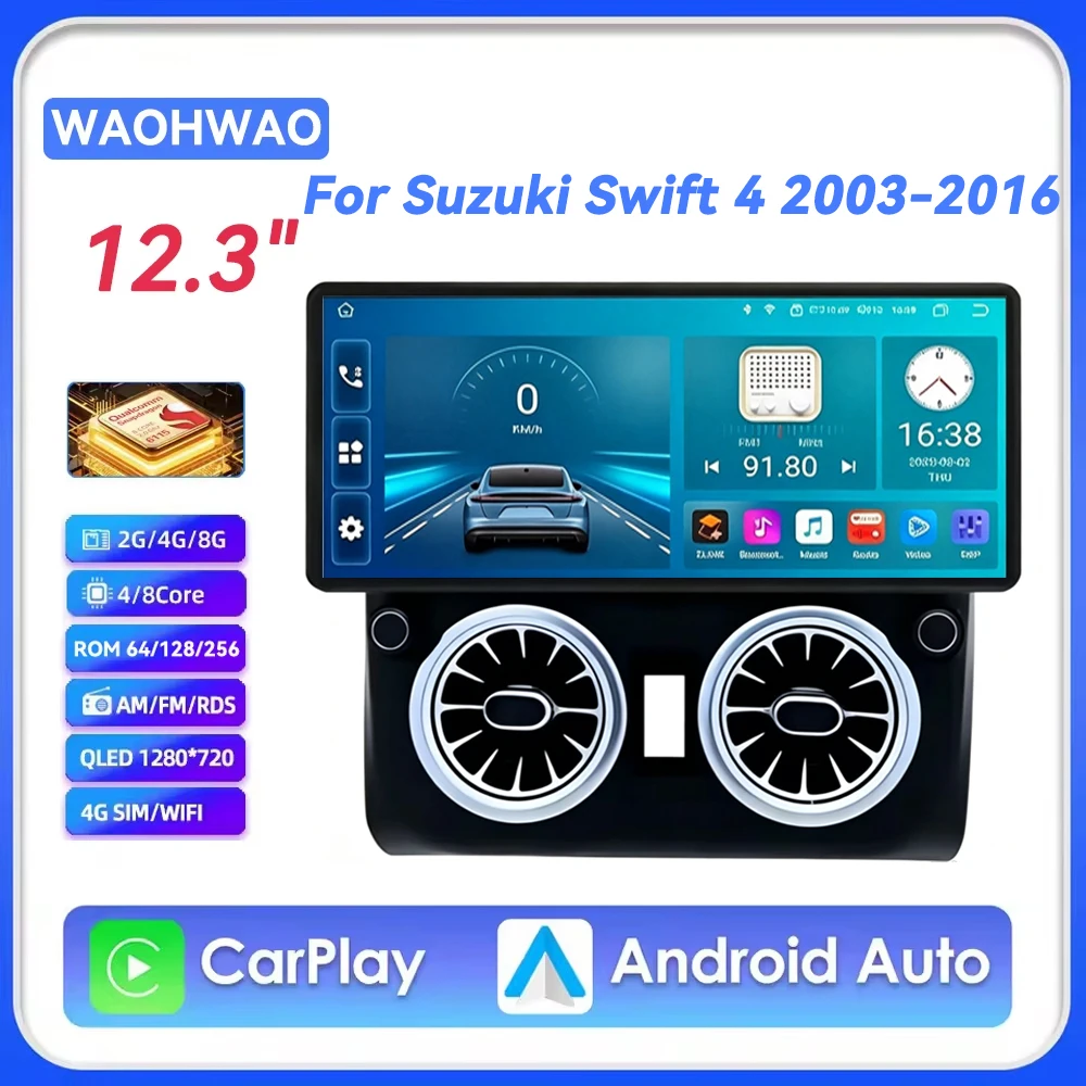 For Suzuki Swift 4 2003-2016 12.3 inch Car Radio WIFI 4G Video Android 16 DSP BT GPS Navi Carplay Auto Split Touch Screen