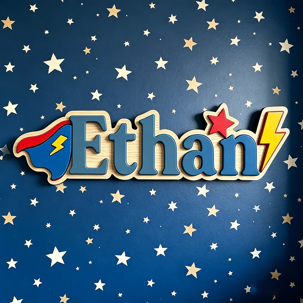Custom Superhero Name Sign for The Dearest Baby, Neutral Star & Lightning Nursery Wooden Door Plaque image 5