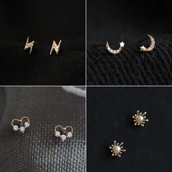New Creative Small Lightning Stud Earrings For Women Girls Gold Color Hollow Zirconic Heart Charm Party Jewelry Accessories Gift