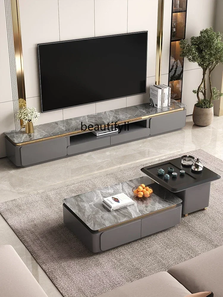 Mueble de TV con placa de piedra minimalista, moderno, ligero, de lujo, combinación de mesa de té, pintura para sala de estar, muebles altos