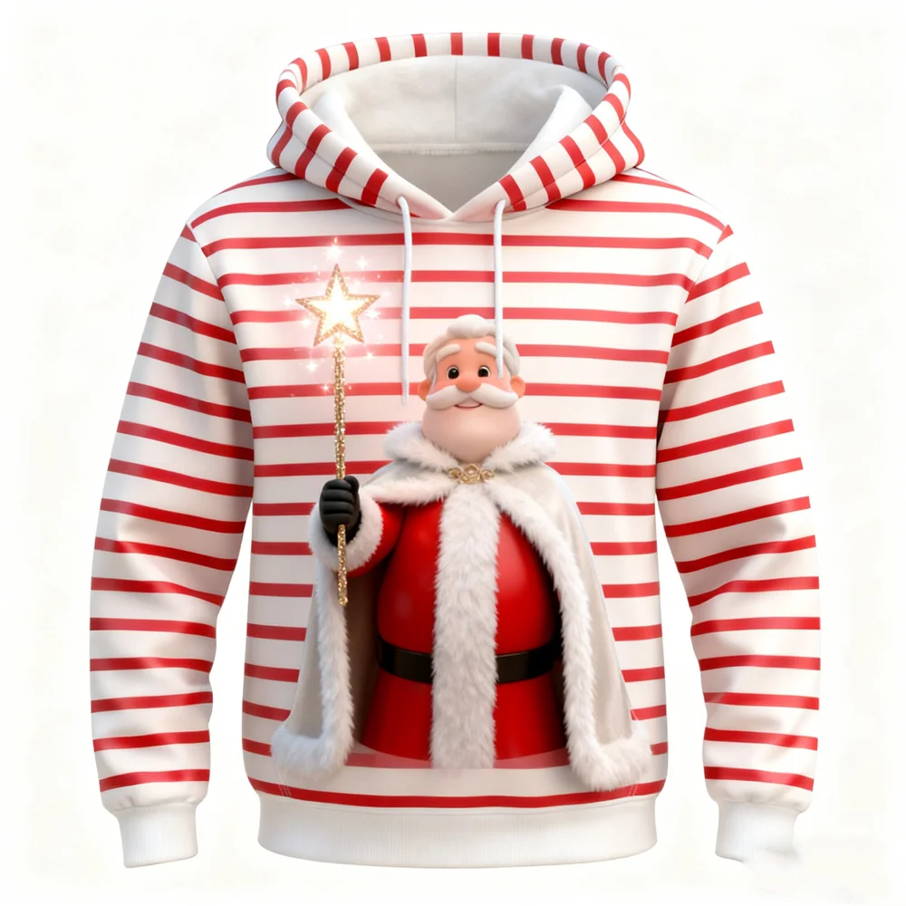 Модные толстовки с 3D принтом Санта-Клауса и графикой, простой полосатый узор, топы с капюшоном и длинными рукавами, рождественская тема, свободная повседневная одежда