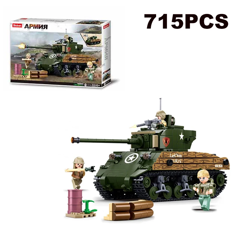 

715PCS M4A3 Medium Tank Model Building Blocks WW2 Classic Army Armored Tank Figure Bricks Set DIY Toys For Kids Holiday Gifts