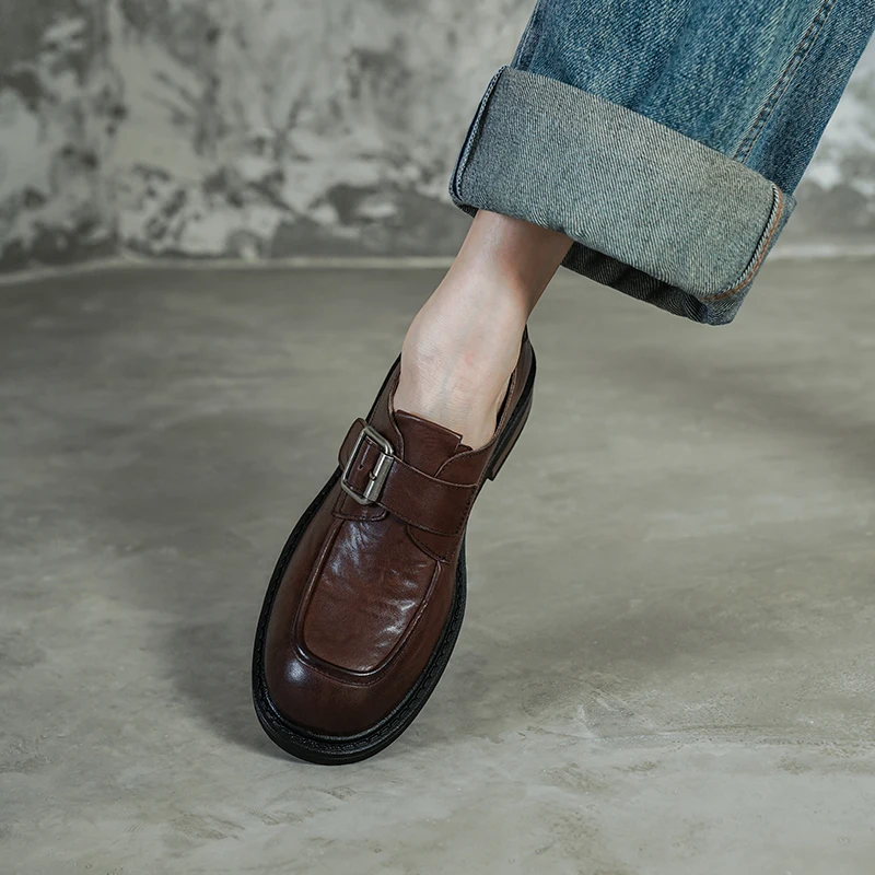 Retro British Style Women's Leather Slip-On Work Shoes Spring Autumn 2026 Chunky Heel Soft Bottom Loafers Shoes Fashion Pumps